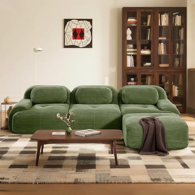 SoarFlash 117" Modern L-Shaped Modular Sectional Sofa for Living Room, Corduroy Upholstery Oversized 3-Seater Couch with Deep Seat and Movable Ottoman-No Assembly, Green