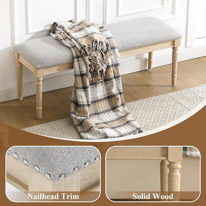 DM Furniture 46'' French Country Entryway Bench Wooden Linen Fabric Upholstered Seat Dinng Bench with Nailhead Trim for Hallway End of Bed, Grey