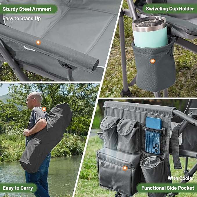 Timber Ridge Oversized Folding Camping Chair with Lumbar Support Adjustable High Back Heavy Duty for Adults Support up to 500lbs with Cup Holder, Cooler Bag, Side Pocket, Grey