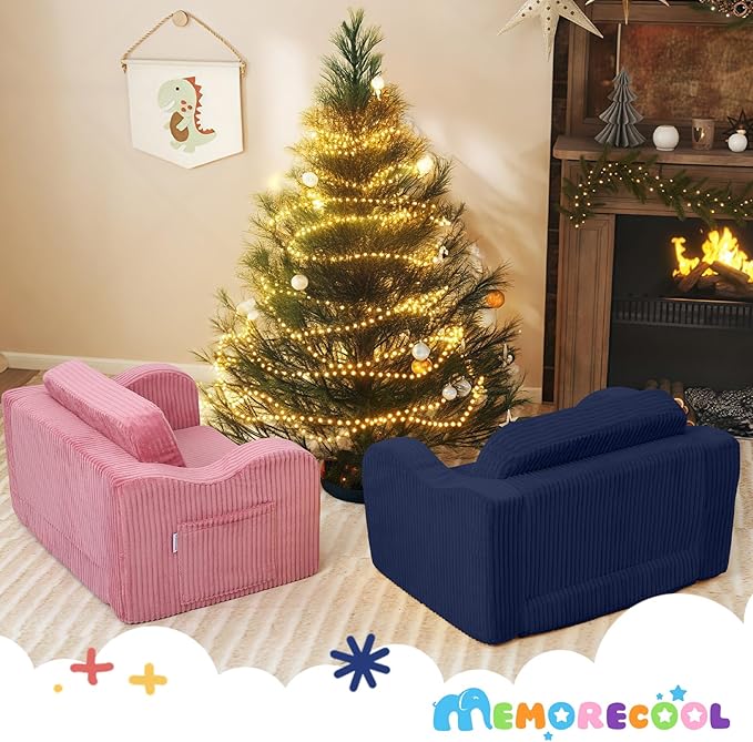 MeMoreCool Toddler Corduroy Chair – 2-in-1 Foldable Sofa Bed, Navy | Ages 1–3, Lightweight & Compact, Washable Cover for Nursery & Travel