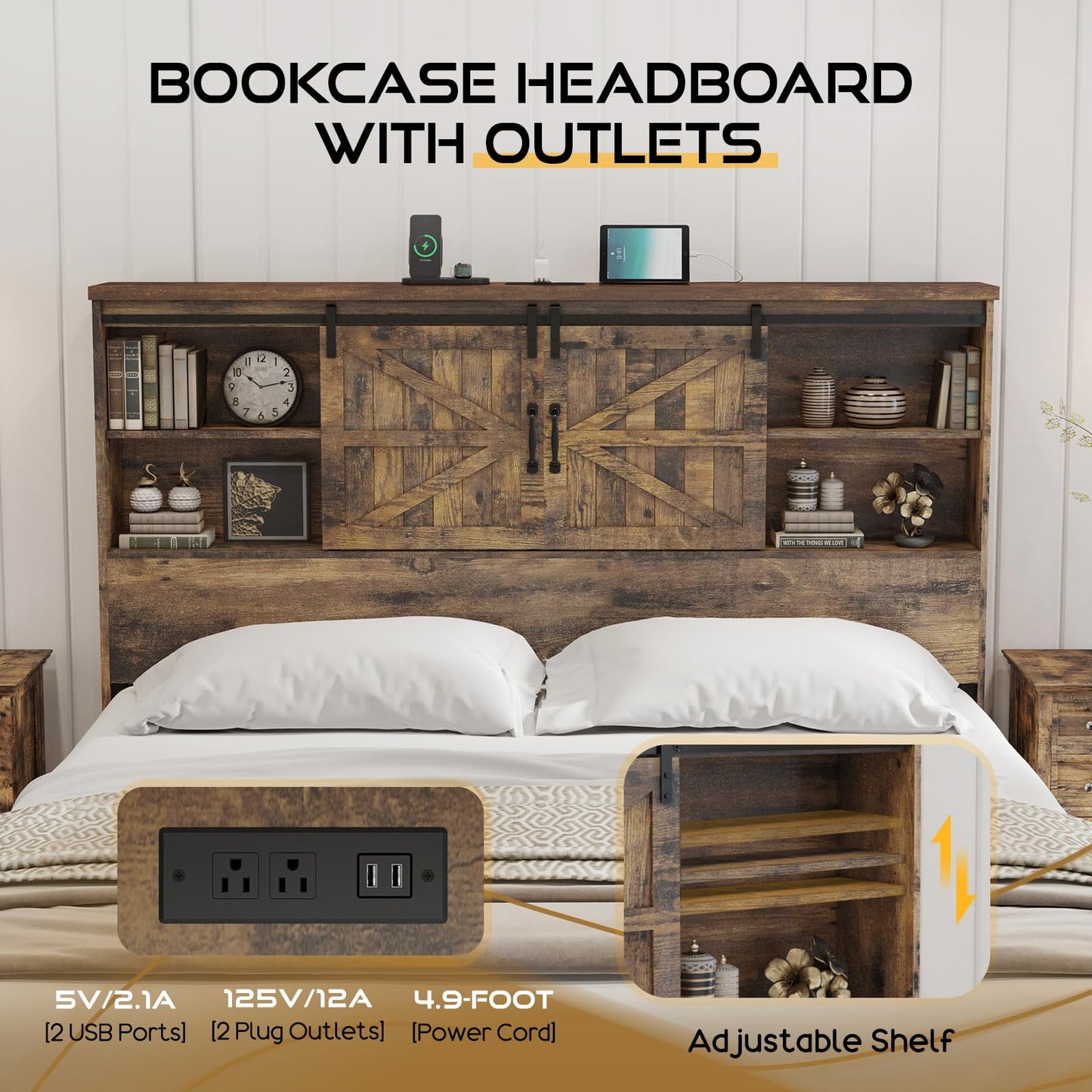 HOWE Full Size Wood Platform Bed Frame with 51.2" Bookcase Headboard, Storage Bed with Sliding Barn Door Charging Station 2 Drawers, No Box Spring Needed/Noise Free/Farmhouse/Rustic Brown