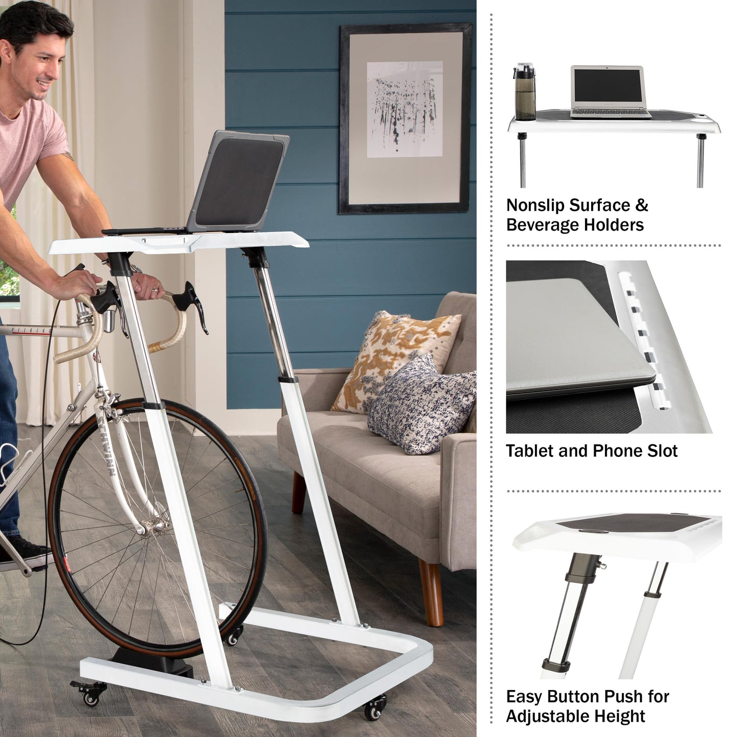 Bike Desk - Rolling Laptop Cart for Stationary Bike or Trainer - Adjustable Standing Desk to Exercise While Working or Watching TV by RAD Cycle