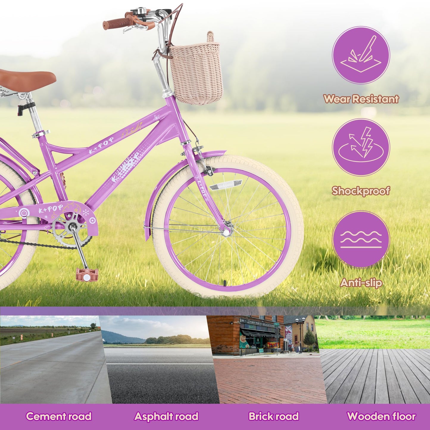 SAHISTCT Girls Bike for Ages 8-12 Years Old,20 Inch Cruiser Bike with Kickstand, Single Speed Kids Bike with Basket for Girls Boys