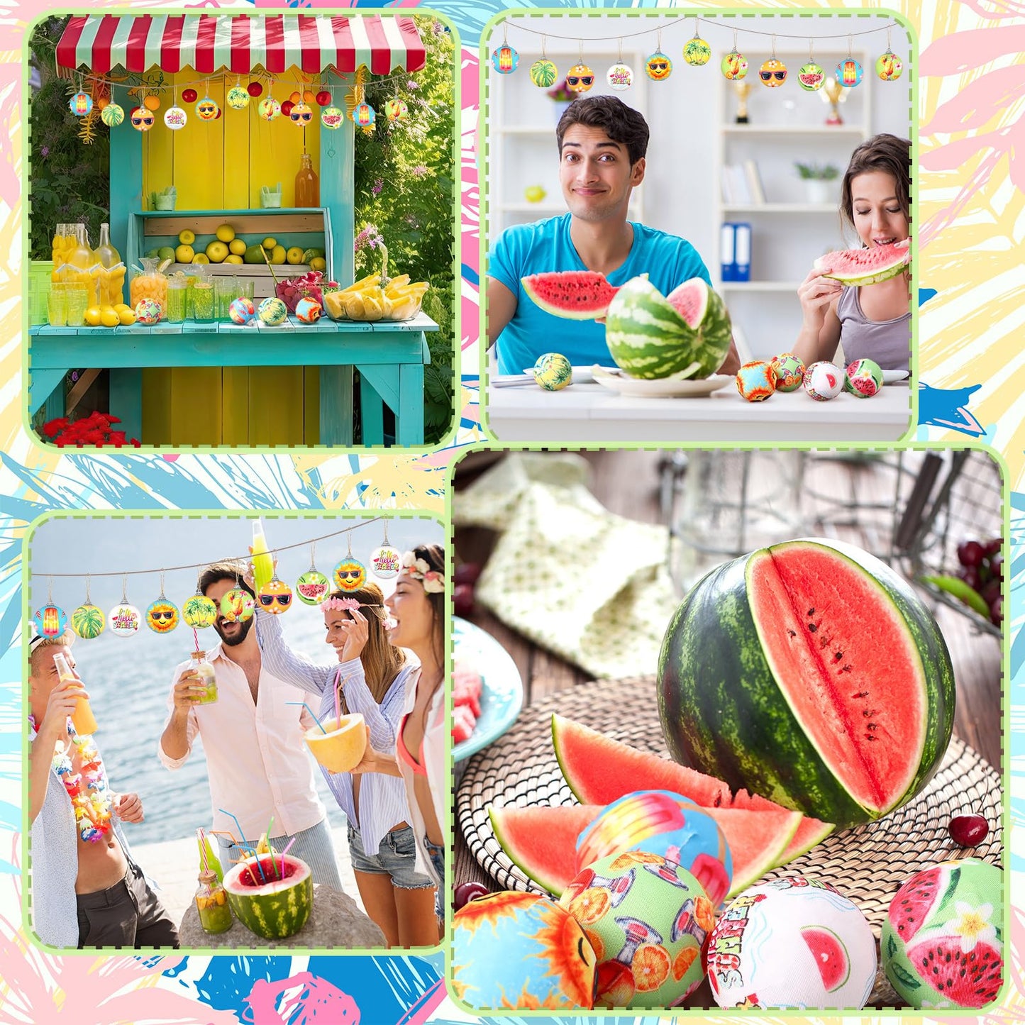 Outus 16 Pcs Summer Tree Ornaments Ball Hawaiian Style Ball Decoration for Tree for Summer Watermelon Tropical Leaf Coconut Palm Farmhouse Home Fireplace Holiday Party Favors Decor