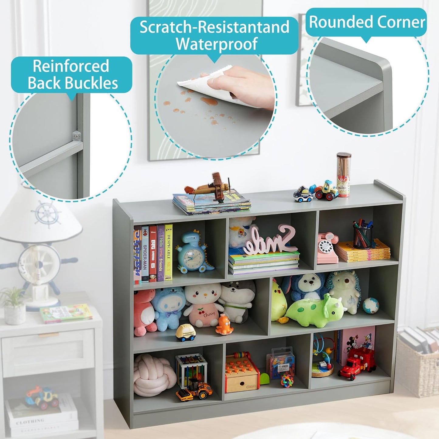 3-Tier Bookshelf, 8-Section Wooden Bookcase, Storage Organizer with Anti-Tilt Device, Modern Storage Display Cabinet for Living Room, Classroom, Kid’s Room (Grey)