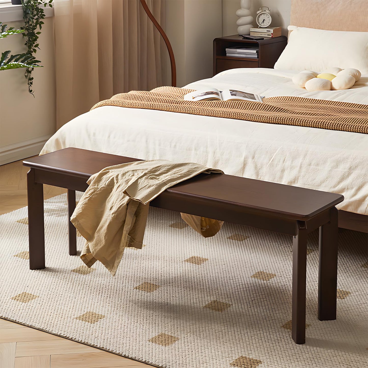 Cttasty Dining Bench, Solid Wood Bench with Wide Seat, Mid Century Modern Bench, End of The Bed Bench, 47.2" L x 11" W x 16.5" H(Walnut)