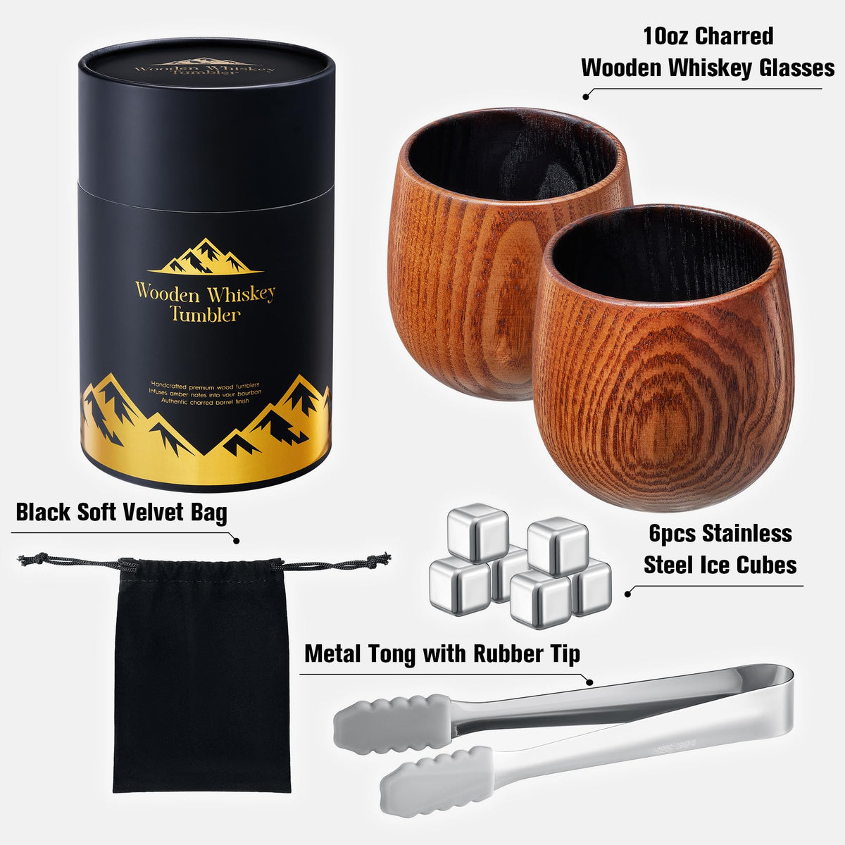 Charred Wooden Bourbon Drinking Glass, 2 Handcrafted Whiskey Tumblers | Bourbon Gifts for Men | Charred Old Fashioned Glass | Unique Whiskey Gifts for Men, Dad, or Brother - Includes 6 Metal Ice Cubes