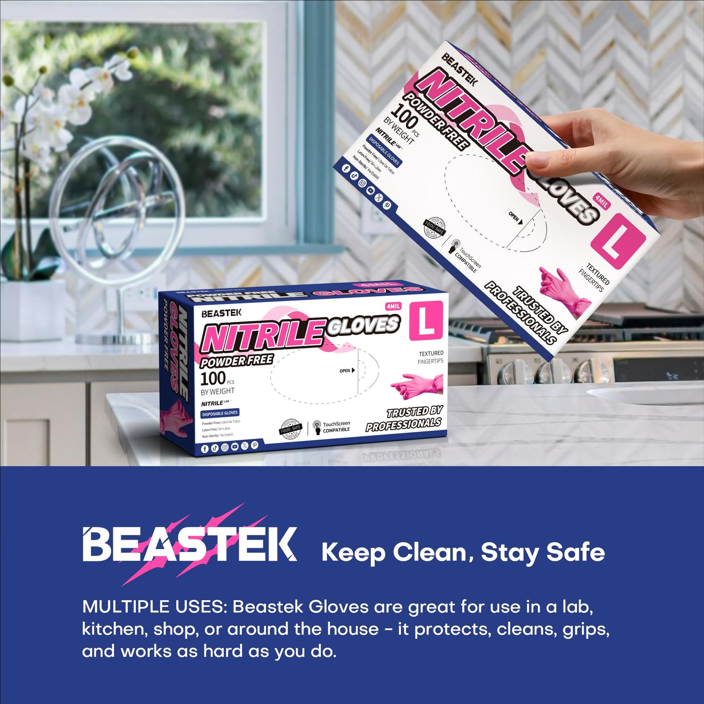 Beastek Nitrile Exam Gloves, 4 Mil 100 Pcs Powder-Free Latex-Free Medical Cooking Food-Safe Disposable Gloves, Hot Pink (Medium)