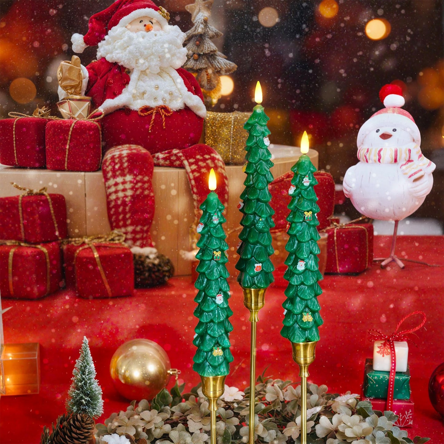 Daord 3 PCS Christmas Tree Taper Candles with Remote & Timer, Flameless Christmas Tree Wax Battery Operated Green Tree LED Candle for Christmas Home Decor(3pcs,9.5inch)