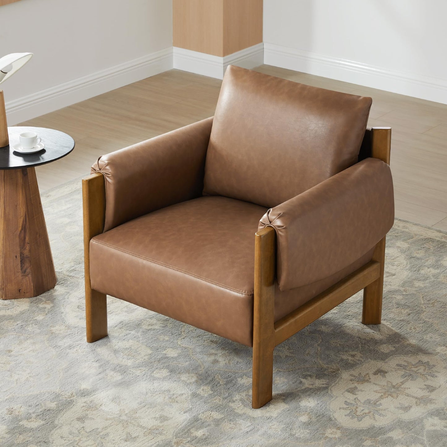 CHITA Accent Chair, Mid Century Modern Upholstery Armchair for Living Room, Solid Wood Frame, Faux Leather in Saddle Brown