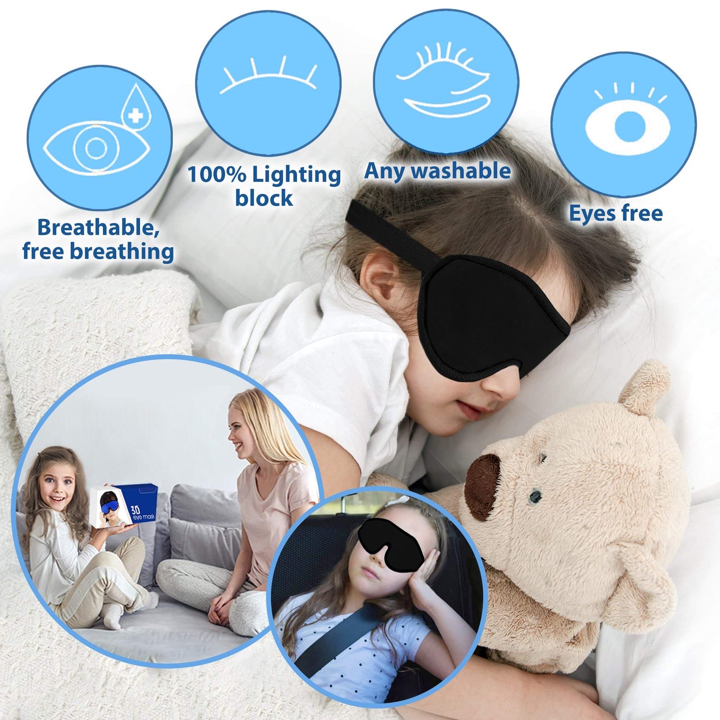 ASTRA VENA 3D Sleep Mask for Kids, Light Block Sleeping Blindfold Memory Foam Contoured Eye Mask for Sleep, Adjustable Strap Eye Cover and Travel Sleep Mask for Boys Girls, Black