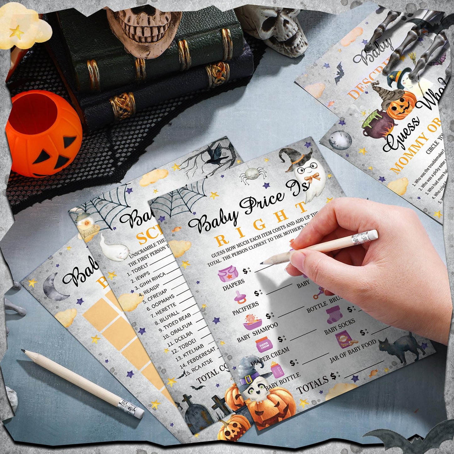 Yinder 145 Pcs Halloween Baby Shower Games Girl or Boy Activities Cards Baby Bingo Description and Wishes Guess Who Mommy or Daddy Price is Right Word Scramble Game