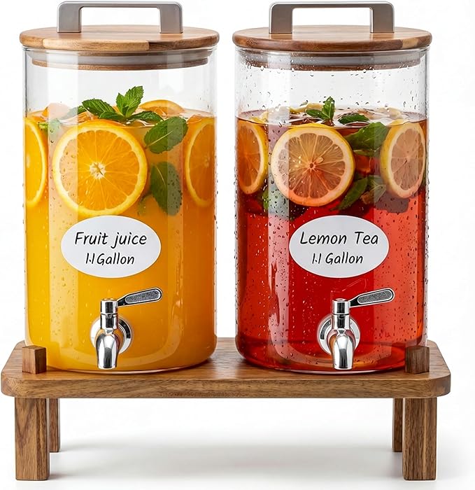MerryNine 2PCS 1.1 Gallon Glass Drink Dispensers for Parties with Wood Stand, Punch Borosilicate Glass Beverage Dispenser,...