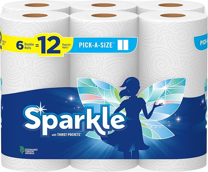 Sparkle Pick-A-Size Paper Towels, 6 Double Rolls (660 Sheets Total) - Strong 2-Ply Towels for Kitchen Cleanup and Everyday...
