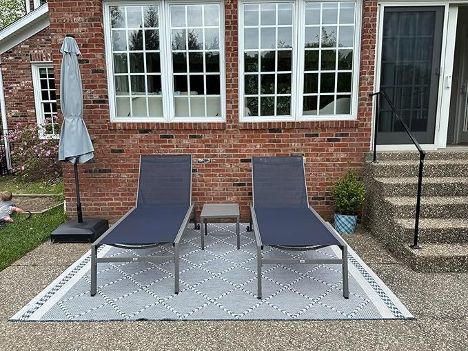 PURPLE LEAF Outdoor Chaise Lounge Set for 2 Oversized Pool Lounge Chairs with Easy-to-Move Wheels and Adjustable Backrest Extra Large Patio Loungers for Poolside Deck Beach Table Included, Navy Blue