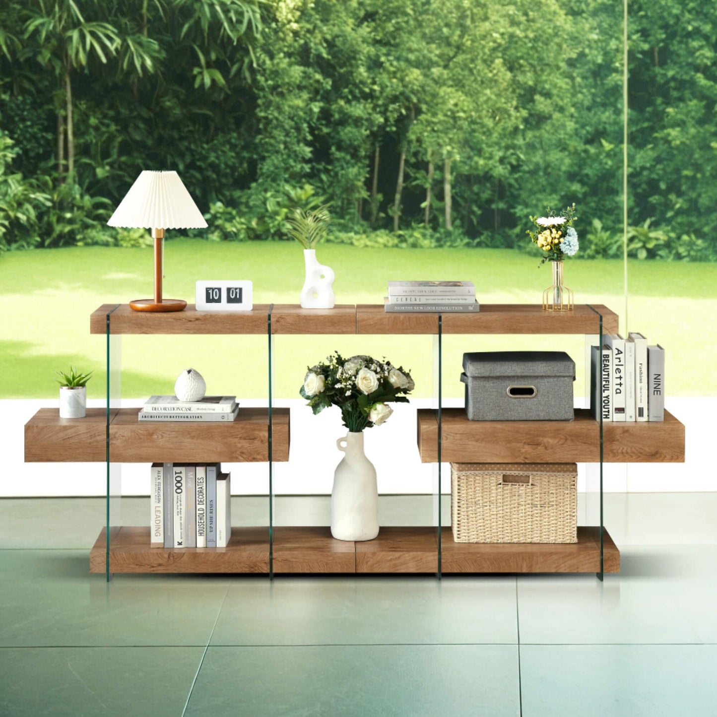 ivinta Glass Console Table with Storage Shelves, 3-Tier Modern Narrow Entryway Table with Hidden Drawer for Living Room Hallway or Entrance, 5104 (Brown, 39")