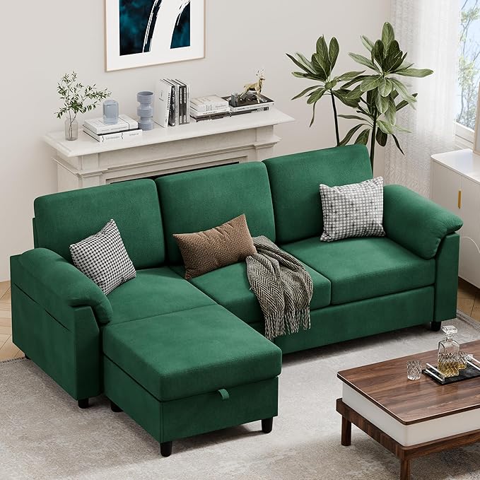 Vongrasig 79" Convertible Sectional Couch Sofa with Storage Ottoman, 3 Seat L Shaped Couch with Side Storage Pockage, Small Couches for Living Room, Apartment and Small Space (Green)