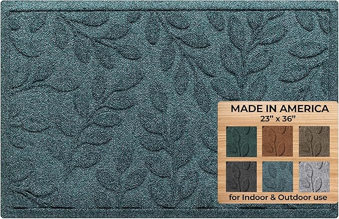 WaterHog Welcome Mat for Indoor/Outdoor, 2’ x 3’, Made in USA, Durable & Water-Resistant, Dirt Trapping Mat, Decorative Front Door and Entryway Rug, Brittney Leaf Design, Bluestone