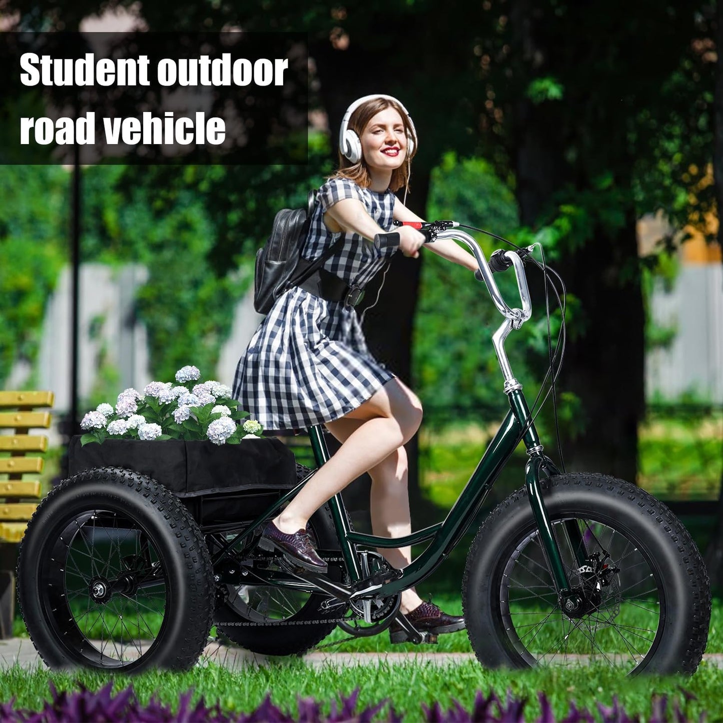 Masiunoz 20 Inch Snow Fat Tire Trike - 7 Speed Adult 3 Wheel Bicycle, Big Wheel Tricycle with Rear Cargo Basket, 450lb Capacity, Dual Disc Brakes, Comfort Seat for Seniors