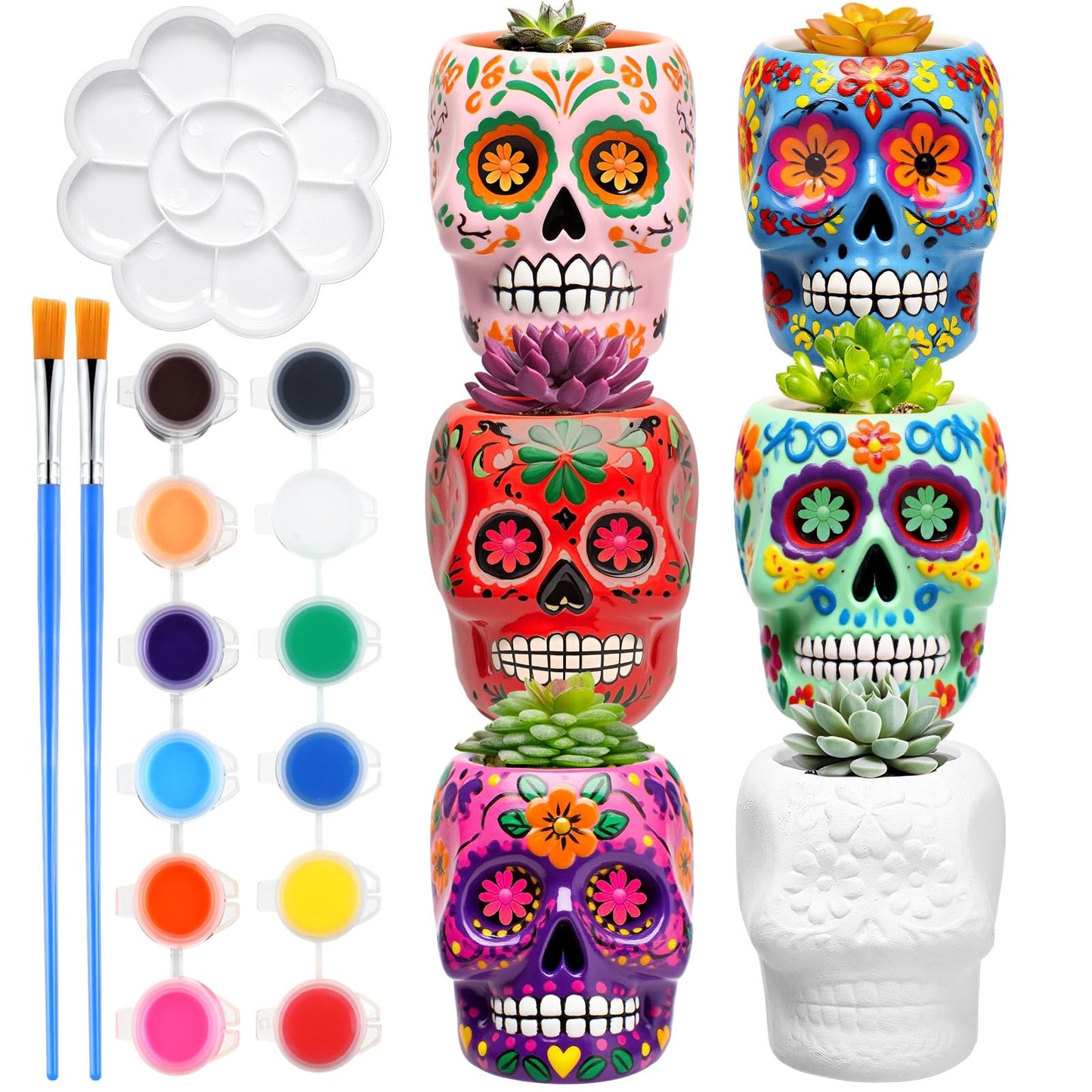 Pasimy 6 Set DIY Ceramic Succulent Planter Pots Paint Your Own Flower Pots Craft Kit Unpainted Bisque Paintable Flowerpot with Brush Palette Ready to Paint for Family Activity Gift (Skull)