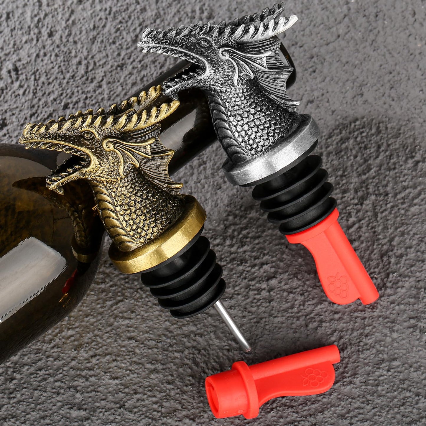 Dragon Head 2-In-1 Wine Bottle Pourer and Stopper, Gifts for Men Women Dragon Fans, Liquor Bottle Pourers Spout for Alcohol Spirits, Wine Accessories, Dark Silver