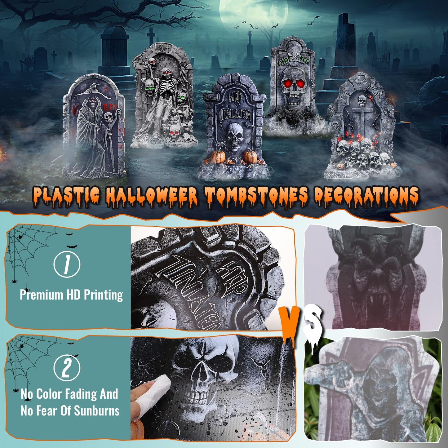 BEAUTLOHAS. 25 Inch Halloween Graveyard Tombstones Plastic Board, 5 PCS Halloween Headstones Decorations RIP for Yard Sign Lawn Garden Outdoor Decor