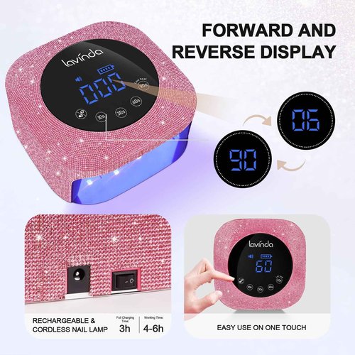UV Nail Lamp 54W, Cordless Gel UV Led Nail Lamp for Gel Nail Polish, Rechargeable UV Nail Light Nail Dryer with 4 Timer and LCD Display, Professional Fast Curing Lamp Nail Art Tools with Rhinestone