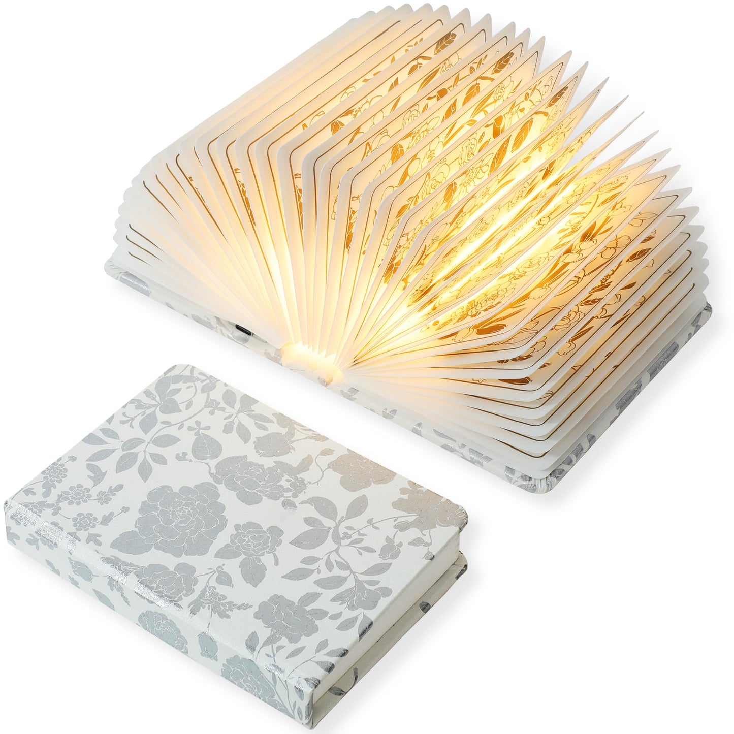 ZBOLE Floral Print Book Light,3-Color Book Lamp Book Lovers Gifts | 1200mAh Portable Foldable Paper Desk Lamp | Night Reading Bookshelf Lamp, Gifts for Women Birthday Ambient Lighting(White Silver)