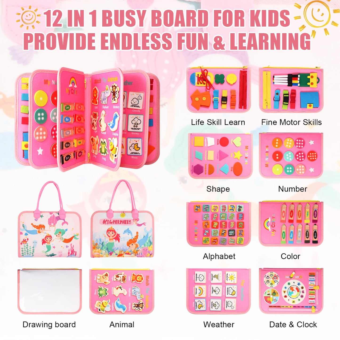 Hooku Busy Board for 1 Year Old, Montessori Toys for 2 Year Old, Baby Sensory Toy for Toddlers 1-3, Fine Motor Toy, Toddler Travel Toys, Toddler Learning Activities,Birthday Gifts for Baby Boy Girl