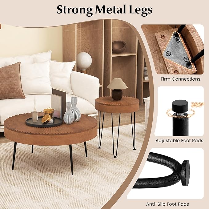 Giantex Boho Round Coffee Table Set of 2, Sofa Side Nesting Table with Solid Pine Wood Top, Metal Legs & Adjustable Foot Pads, 31.5" D Large Table Set for Living Room (Radial Pattern, Brown)