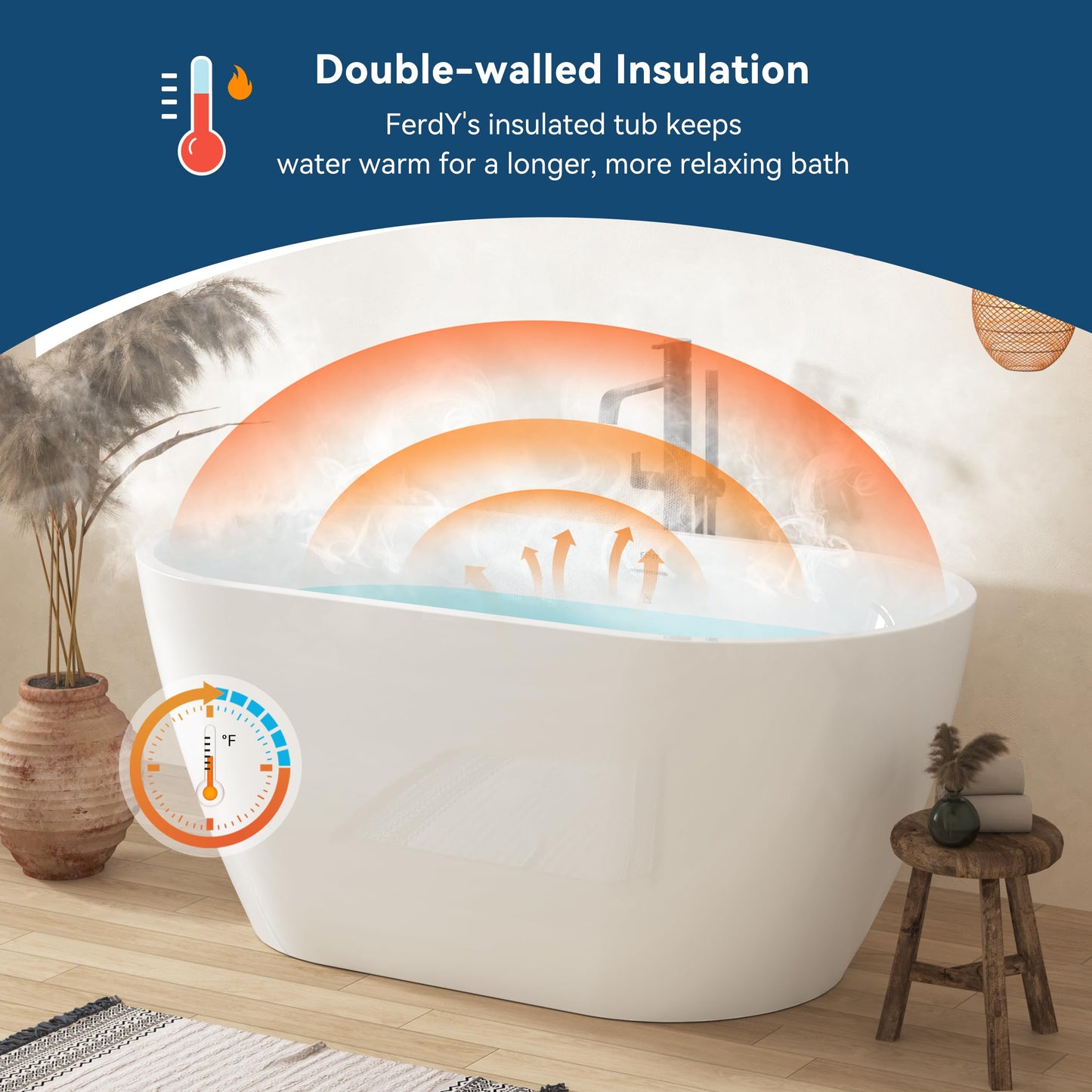 FerdY Bali 55" Freestanding Bathtub, Glossy White Freestanding soaking tub with Polished Gold Drain & Integrated Slotted Overflow, cUPC Certified…
