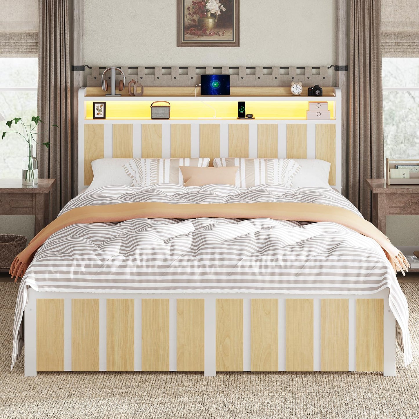 Queen Bed Frame with Storage Headboard & Dual Built-in Storage Drawers, Heavy Duty Platform Bed with 4-Device Charging Station and LED Lights, Noise-Free Design, No Box Spring Needed, White
