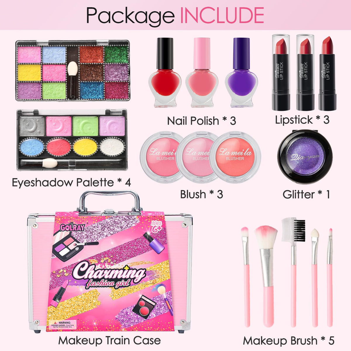 Golray Teen Makeup Kit for Girls Ages 8-12, Starter Full Make up Set With Train Case / 4 Eyeshadow Pallets/Blush/Nail Polish/Lip