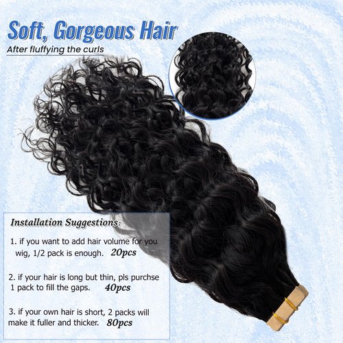 Water Wave Hair Extensions Tape in Weft Hair Extensions Real Human Hair 100G 40 Pieces Remy Curly Tape in Hair Extension Human Hair #1B Black Water Wave Tape ins 20 Inch 2 Sets for Full Head