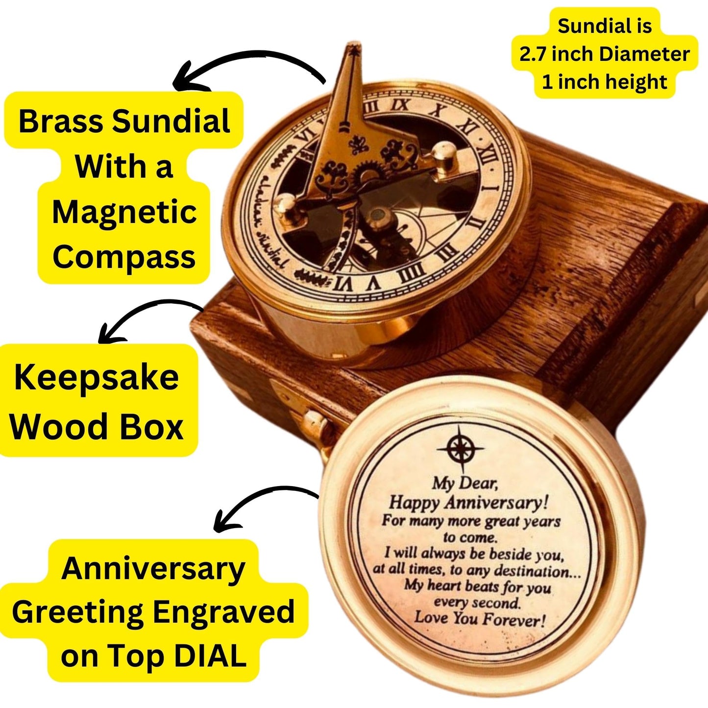 Anniversary Sundial Gift for Him or Her Sundial Clock Compass - Unique Gift for Husband or Wife, Men 1st Wedding Anniversary 50th 40th 25th 20th Year Celebration (Anniversary Sundial Wood Box)