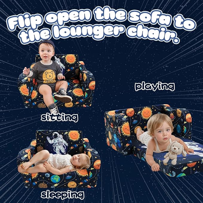 MeMoreCool Folding Kids Couch – 2-in-1 Toddler Sofa Bed & Lounge Chair | Astronaut Print | Fold-Out Design | Washable Cover | Ages 1–3