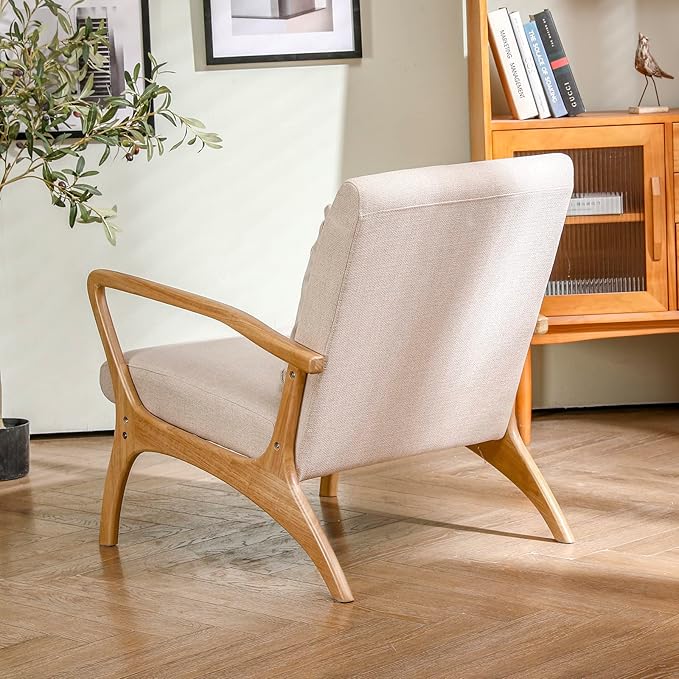 ELUCHANG Accent Chair with Lumbar Pillow,Mid-Century Modern Accent Chair Armchair, Linen Fabric Comfy Reading Chair Lounge Side Chair for Living Room Bedroom Apartment,Easy Assembly(Beige,2PCS)