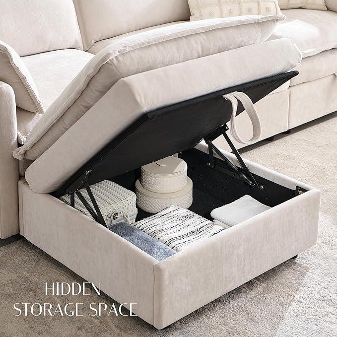 85.83" Sectional Couches for Living Room, Cloud Couch Sectional with Large Storage Ottoman, U-Shape Modular Sectional Sofa with 5 Seater Chenille Sofa and Pillow for Apartment, Bedroom, Beige