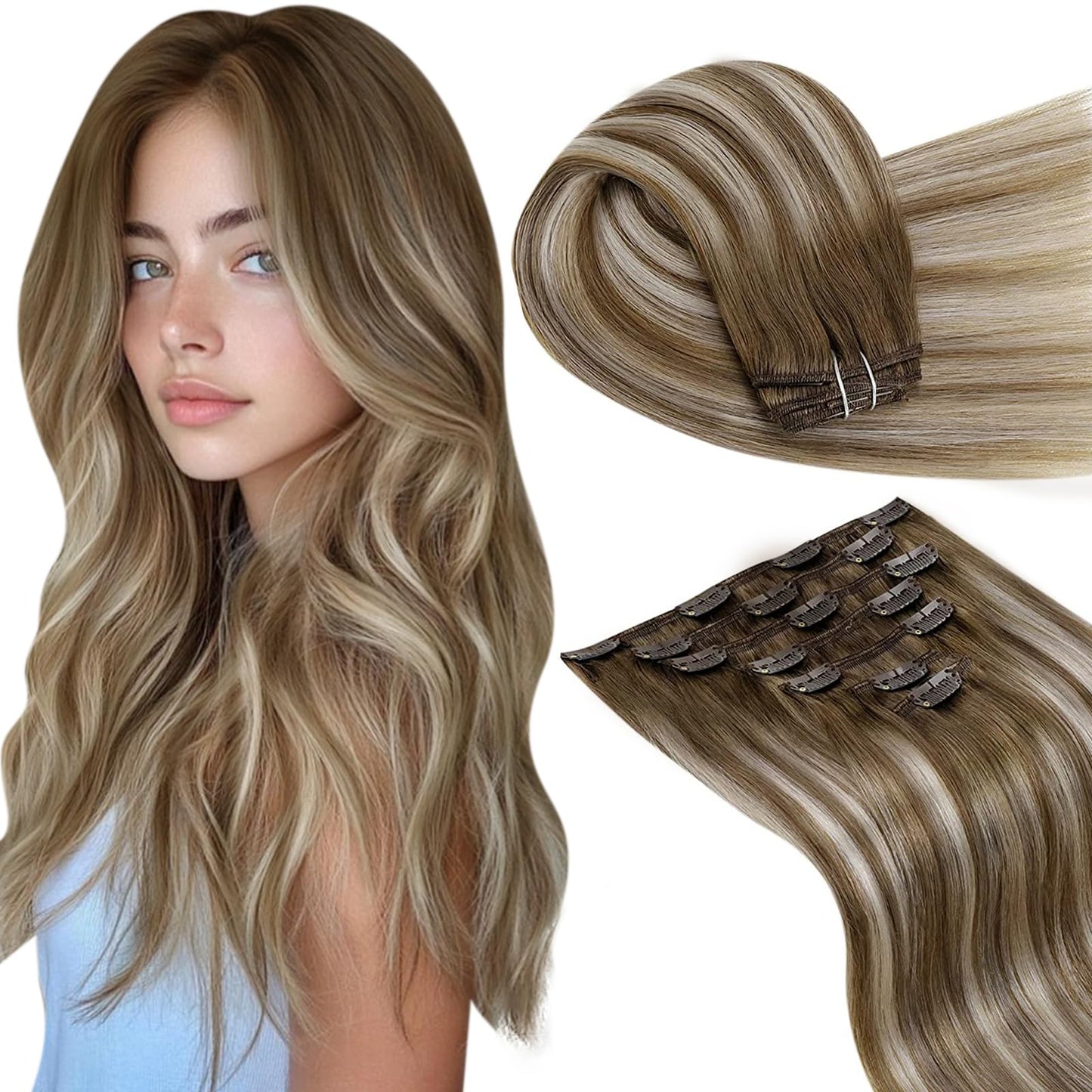 LaaVoo Hair Extensions Clip ins Blonde Ombre Human Hair Clip in Extensions Light Brown Balayage Platinum Blonde Clip in Hair Ext
