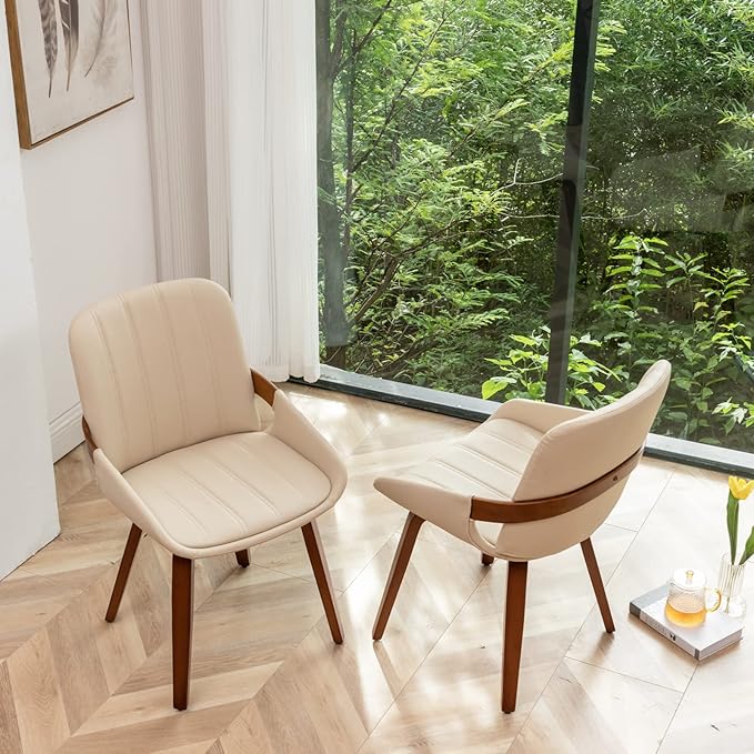 YOUUGIOR Mid Century Modern Faux Leather Upholstered Dining Chairs,Armless Accent Chairs with Sturdy Natural Wood Legs,Bamboo Backrest Support for Kitchen&Dining Room Chairs(Set of 4,Beige)