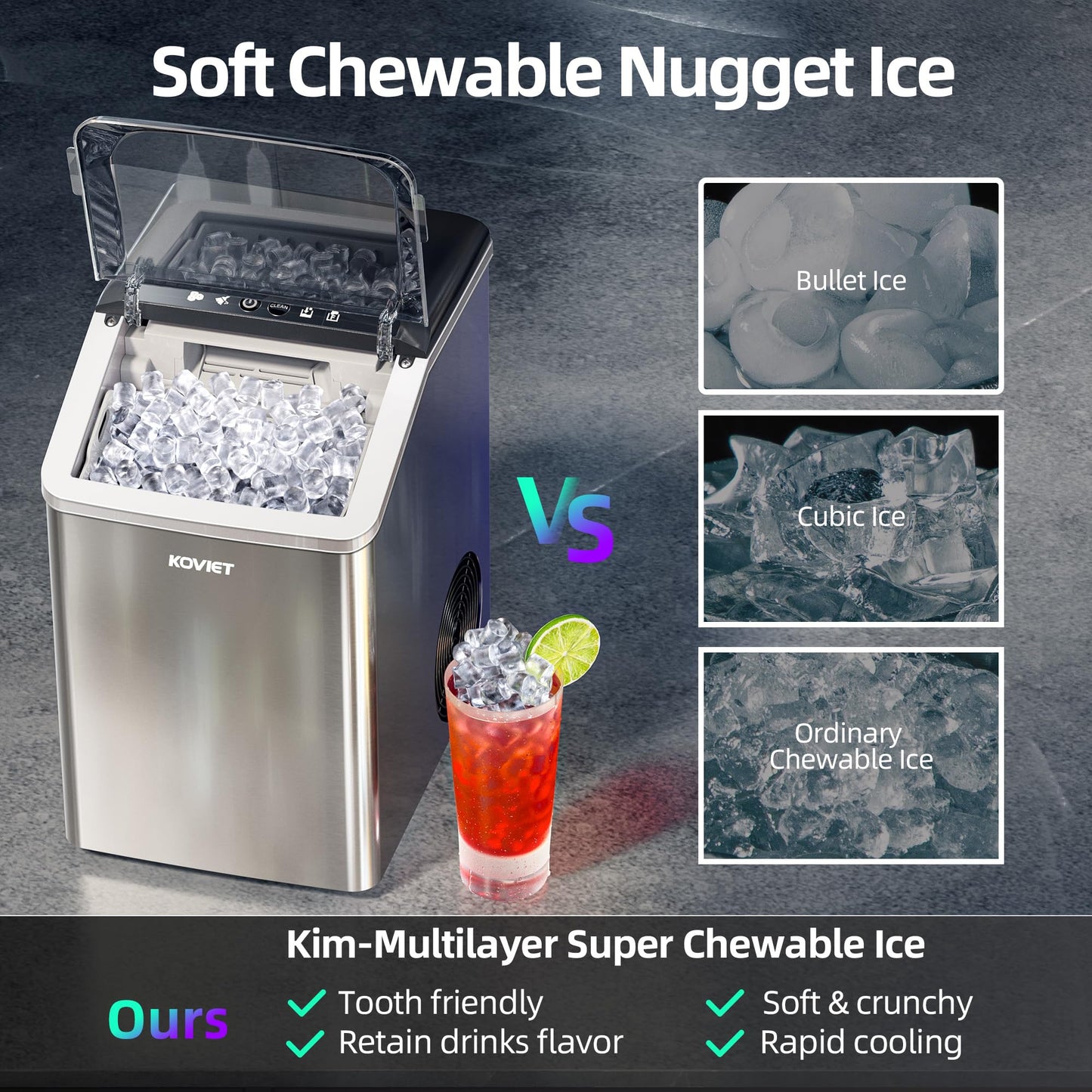 KOVIET Nugget Ice Makers Countertop, Soft Pebble Ice Machine, Chewable Crushed Pellet Ice 42lbs/Day, Self-Cleaning Drainpipe Ice Maker for Party, Home, Kitchen, Bar, Office, Silver Gray