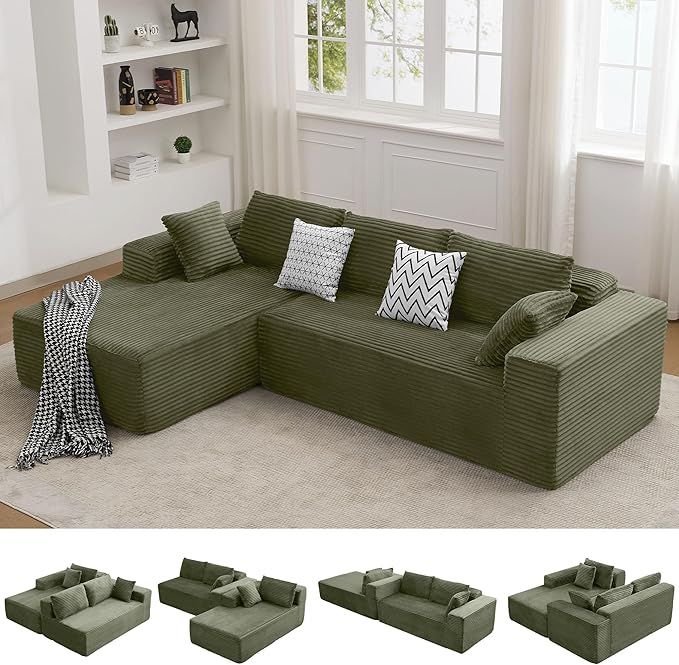 WUTUTUEE Boneless L Shaped Sofa with Chaise Lounge, Green Corduroy