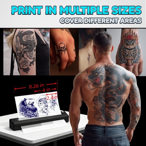 YIRIGUI New Tattoo Stencil Printer - Fits A4-A8 Width Thermal Paper, Portable Wireless Bluetooth Thermal Tattoo Kit, Includes 10 Transfer Papers, for Artists & Beginners, Phones/Tablets/PC - Black