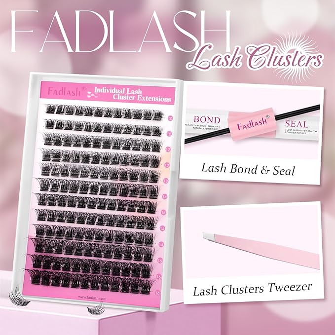 FADLASH Lash Clusters Kit 10-16mm Eyelash Cluster Lashes with Lash Bond and Seal Lash Tweezers DIY Lash Extension Kit (J03-07D-10-16 Kit)