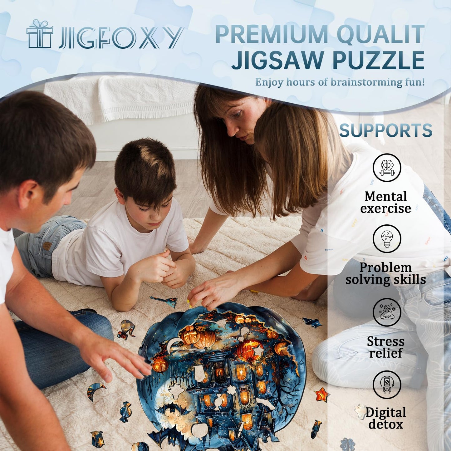 Jigfoxy Wooden Puzzles for Adults, Halloween Pumpkin Wood Puzzles Adult, Unique Animal Shape Wooden Jigsaw Puzzles for Adults, Birthday Gifts for Puzzle Lovers, Family (S-8.5 * 7.8in-100pcs)