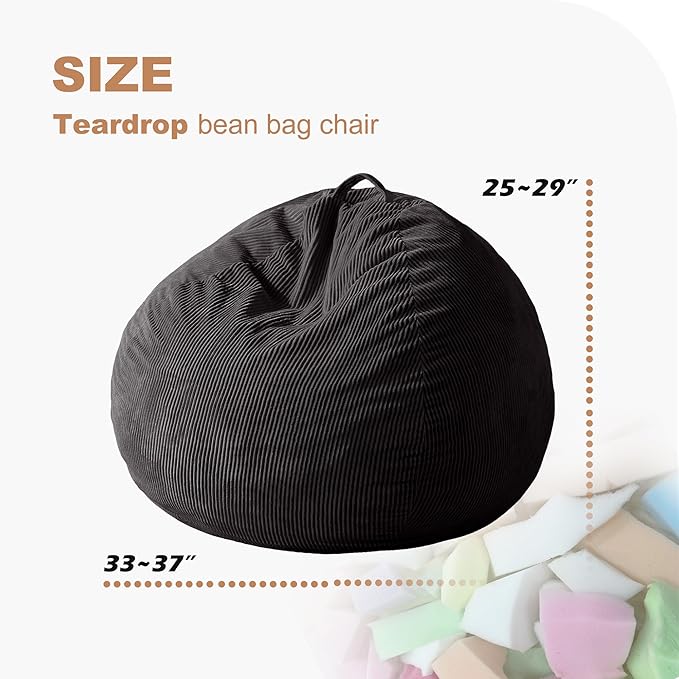 Homguava 3FT Bean Bag Chair: Teardrop Bean Bags with Memory Foam Filled, Compact Beanbag Chairs Soft Sofa with Corduroy Cover (Black)