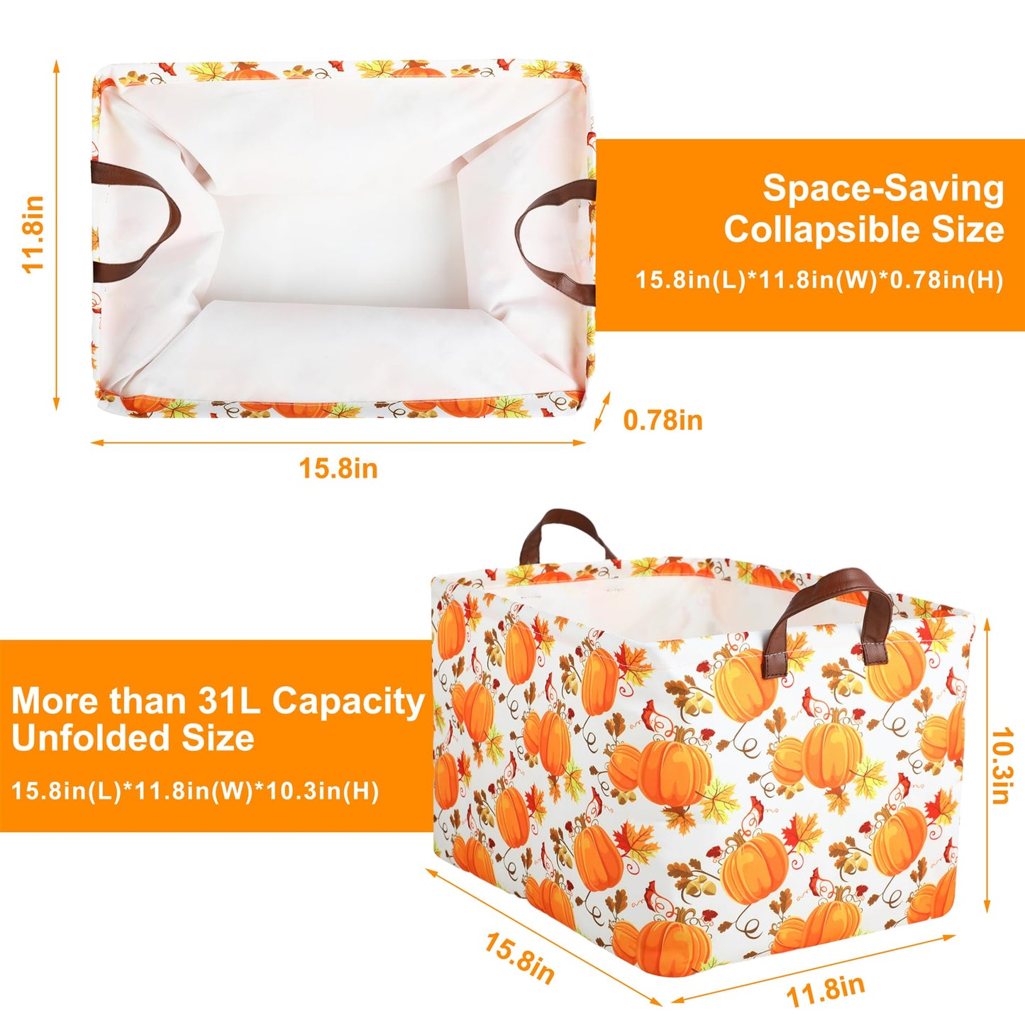 Funnewban Pumpkin Fall Storage Bin Basket Collapsible with Leather Handles Waterproof Canvas Storage Cube Box for Closet Toys Clothes Thanksgiving Room Decor Gift Basket