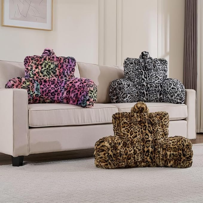 Reading Pillows for Boyfriend Adult,Velvet Back Pillow Bed Wedge Large, Back Rest Support Cushion for Sitting Up in Bed/Couch for Bedrest 18inch-Snow Leopard