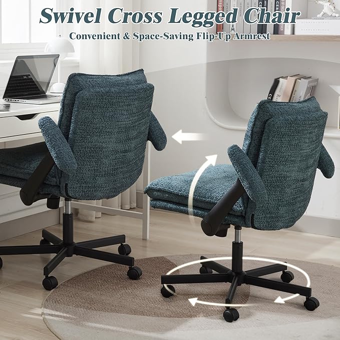 Kassipo Criss Cross Legged Office Chair with Wheels and Flip-Up Arms, Upholstered Criss Cross Desk Chair, Wide Seat Chairs for Home Office, Vanity, Apartment, Green