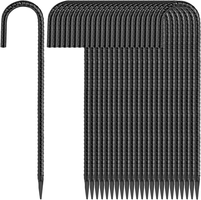 Besitu 16 Inches 24-Pack J Hook Rebar Stakes Heavy Duty Tent Stakes with Chisel Point End, Steel Ground Anchors Metal Garden Stakes Chain Link Fence Stakes Black Coated